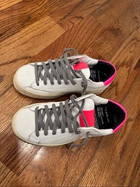 P448 White Leather Sneakers with Hot Pink Accents 36